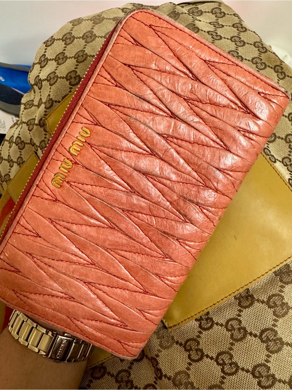 Miu Miu Coral Pink Matelassé Zip Wallet with Gold Logo